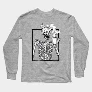 halloween skeleton drinking coffee funny Long Sleeve T-Shirt